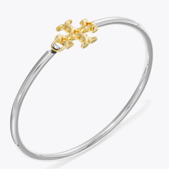 Tory Burch silver/ gold Eleanor Logo Hinged cuff bracelet - Picture 2 of 7